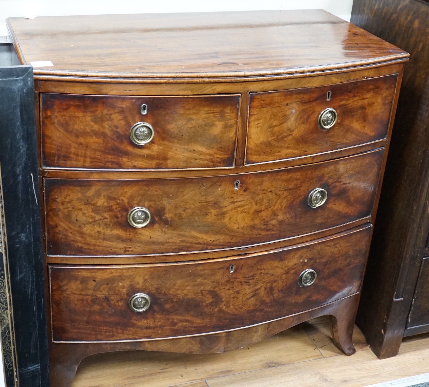 An early 19th century mahogany four drawer bowfront chest, width 88cm *Please note the sale commences at 9am.